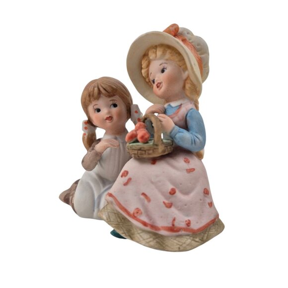 Vintage Ceramic Figurine Two Girls Basket Of Peaches Hand Painted Collectible - Picture 7 of 10